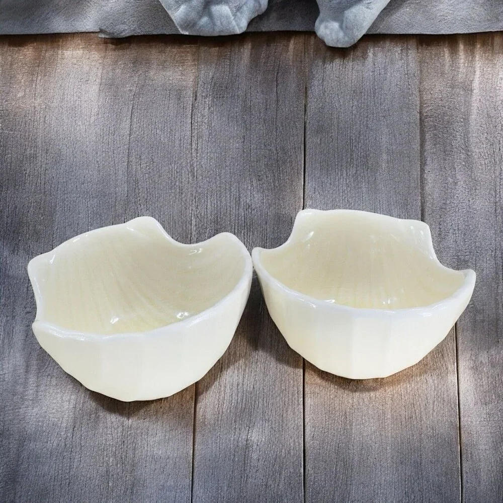 Pier 1 Imports Ivory Crackle Glaze Ceramic Shell Shape Dish Small Bowl Set 2 VTG